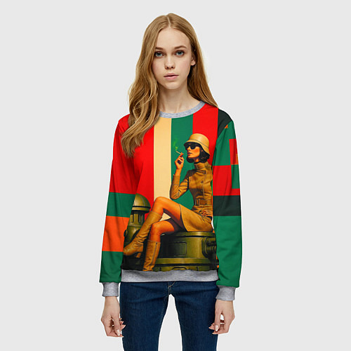 Женский свитшот Милитари девушка на оружейной башне ретрофутуризм / 3D-Меланж – фото 3