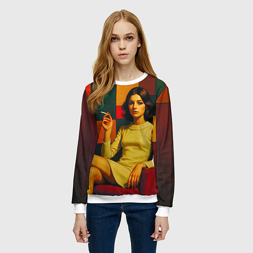 Женский свитшот Девушка в кресле ретро поп-арт 1970-е / 3D-Белый – фото 3