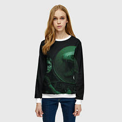 Свитшот женский На батискаф с девушкой нападает Тилозавр ужасы, цвет: 3D-белый — фото 2