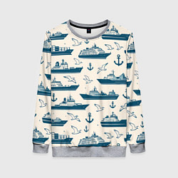 Свитшот женский Морской паттерн из чаек, якорей и кораблей, цвет: 3D-меланж