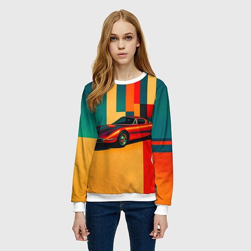 Женский свитшот Спорткар ретрофутуризм поп-арт 1970-е / 3D-Белый – фото 3