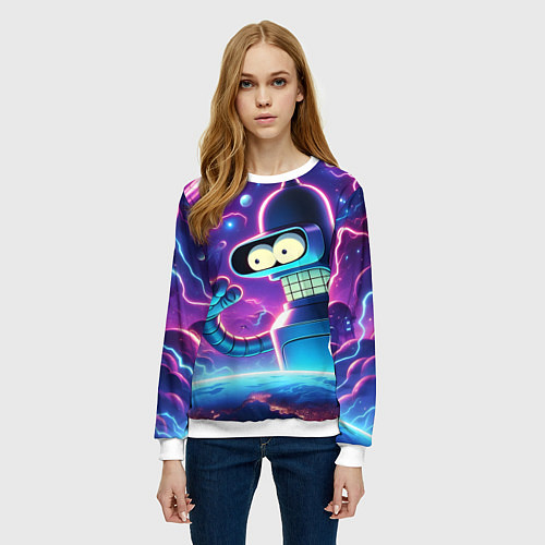 Женский свитшот Bender in neon space - cartoon Futurama / 3D-Белый – фото 3