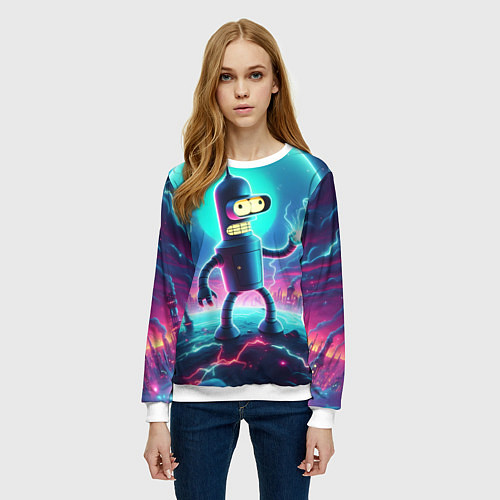 Женский свитшот Робот-сгибальщик Бендер пропускает через себя молн / 3D-Белый – фото 3