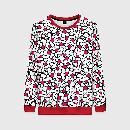 Женский свитшот Мелкий красно белый мозаичный узор на черном / 3D-Красный – фото 1