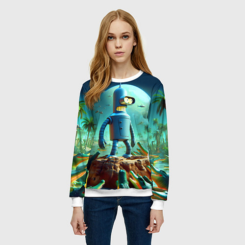 Женский свитшот Роботу-сгибальщику Бендеру по-барабану стая крокод / 3D-Белый – фото 3