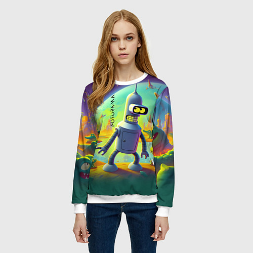 Женский свитшот Робот-сгибальщик Бендер на планете крокодилов - не / 3D-Белый – фото 3