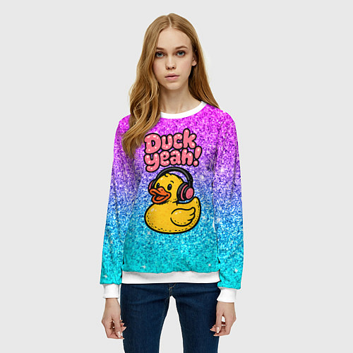 Женский свитшот Duck yeah - утка в наушниках / 3D-Белый – фото 3