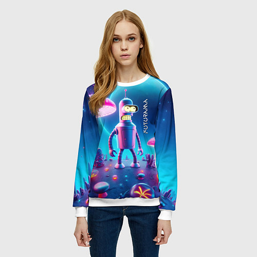 Женский свитшот Робот-сгибальщик Бендер и неоновые грибы / 3D-Белый – фото 3