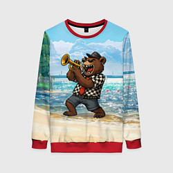 Свитшот женский Медведь играет ска на пляже, цвет: 3D-красный