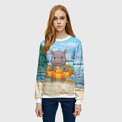 Свитшот женский Бегемотик в плавательном круге с уточкой, цвет: 3D-белый — фото 2