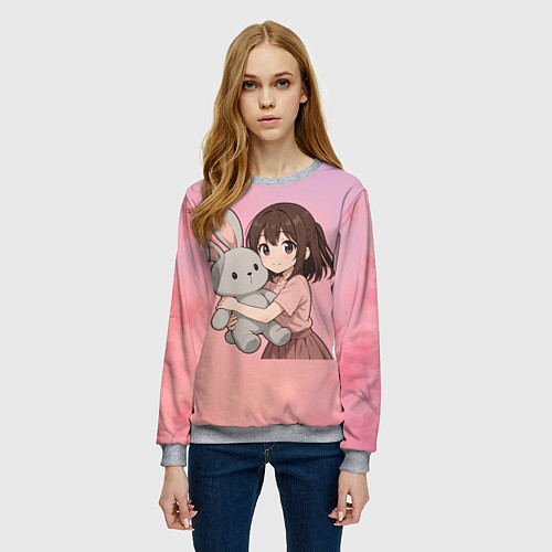 Женский свитшот Девочка обнимает зайцика в аниме / 3D-Меланж – фото 3