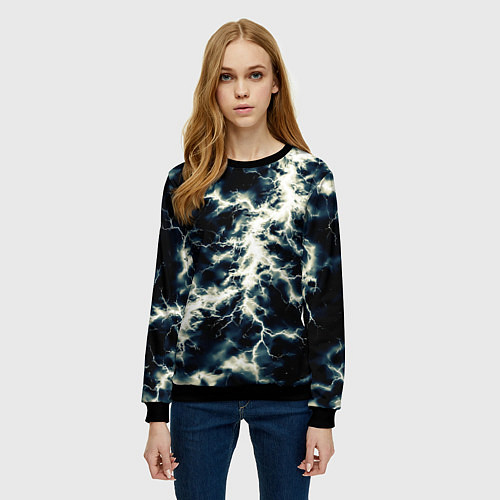 Женский свитшот Чёрно-синий разряд абстракция / 3D-Черный – фото 3