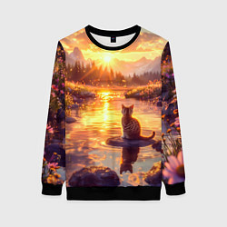 Свитшот женский Котёнок на камушке глядит на золотые лучи, цвет: 3D-черный