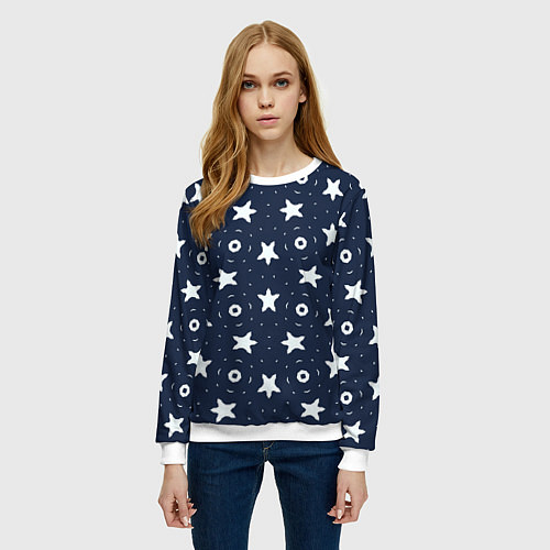 Женский свитшот Белые кольца и звезды на синем / 3D-Белый – фото 3