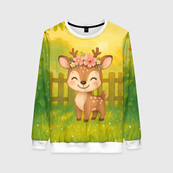 Свитшот женский Милый олененок на зеленом дворе, цвет: 3D-белый