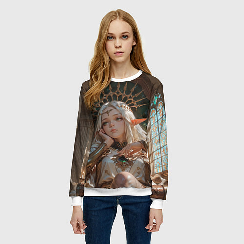 Женский свитшот Беловолосая королева эльфов на троне / 3D-Белый – фото 3