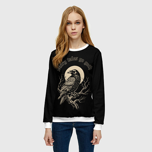 Женский свитшот Ворона сидит на ветке на фоне полной луны / 3D-Белый – фото 3