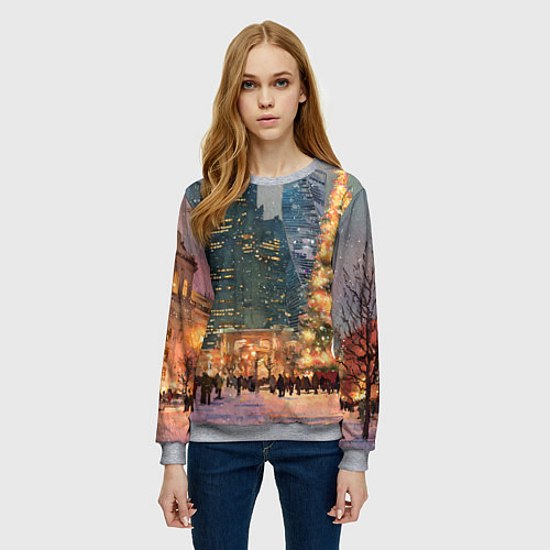 Женский свитшот Москва - сити и новогодняя елка / 3D-Меланж – фото 3