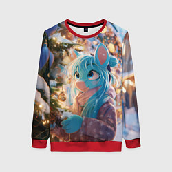 Свитшот женский Синяя новогодняя лошадка, цвет: 3D-красный