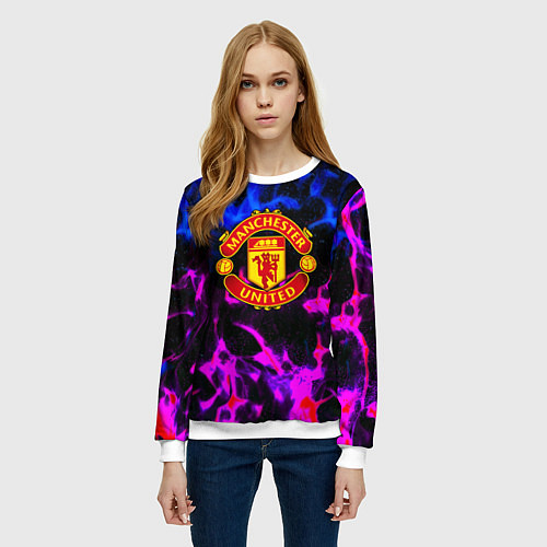 Женский свитшот Манчестер Юнайтед огонь неон / 3D-Белый – фото 3