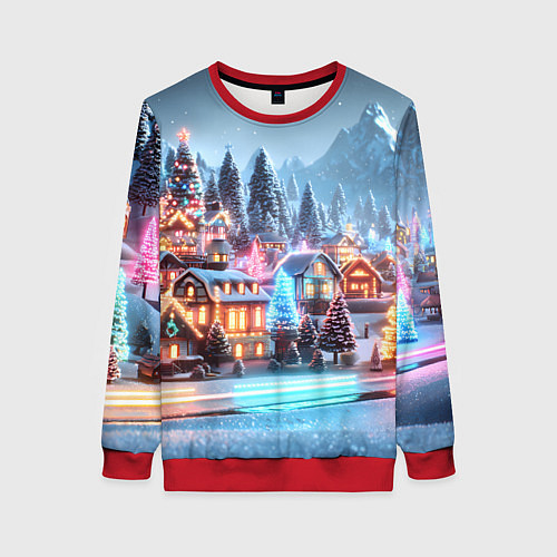 Женский свитшот Городок в новогодних огоньках / 3D-Красный – фото 1