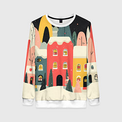Свитшот женский Разноцветные новогодние дома, цвет: 3D-белый