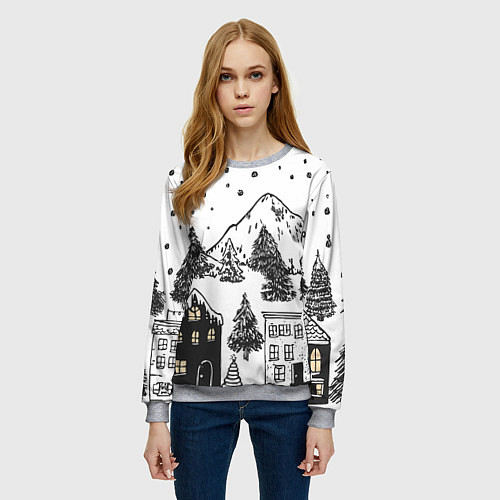 Женский свитшот Заснеженный черно-белый город / 3D-Меланж – фото 3