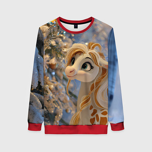 Женский свитшот Новогодняя лошадка в крапинку / 3D-Красный – фото 1