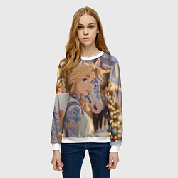 Свитшот женский Блондинка с новогодней лошадкой, цвет: 3D-белый — фото 2