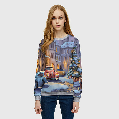Женский свитшот Новогодний снежный двор / 3D-Меланж – фото 3