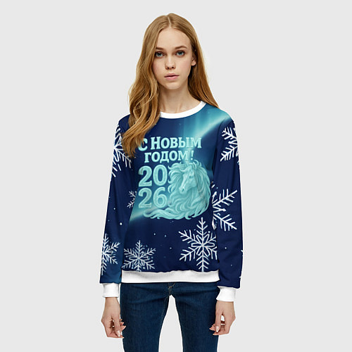 Женский свитшот С новым годом 2026 - лошадь / 3D-Белый – фото 3
