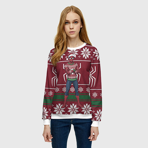 Женский свитшот Человек паук в вязаном свитере - новый год / 3D-Белый – фото 3