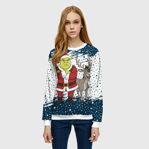 Женский свитшот Шрек и Осел - новый год / 3D-Белый – фото 3