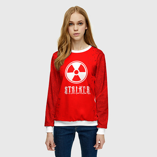 Женский свитшот Stalker - белое на красном / 3D-Белый – фото 3