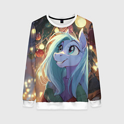 Свитшот женский Лошадка любуется новогодними лампочками, цвет: 3D-белый