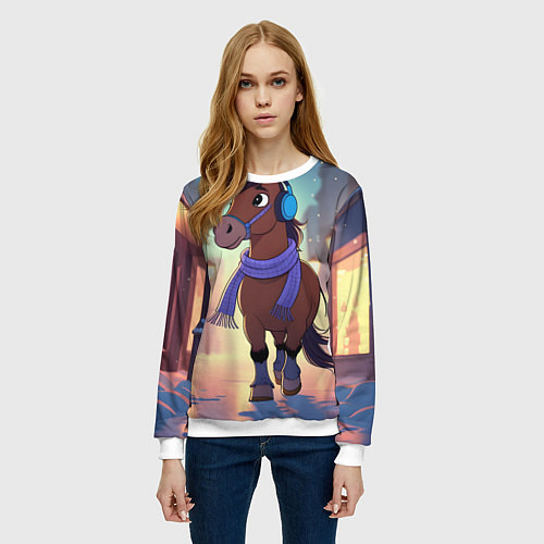 Женский свитшот Лошадка в шарфе и наушниках / 3D-Белый – фото 3