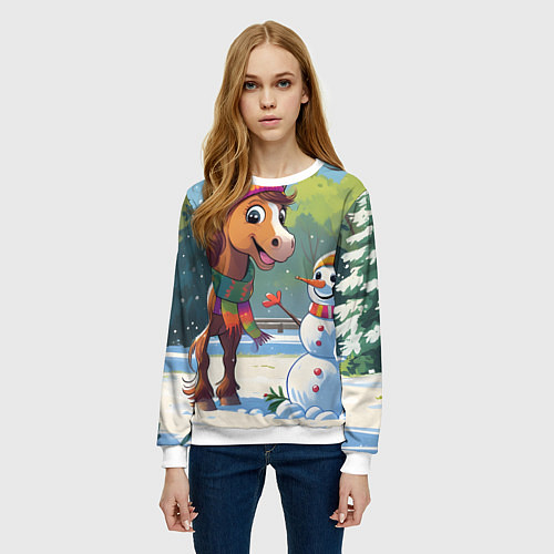 Женский свитшот Лошадка и снеговик / 3D-Белый – фото 3