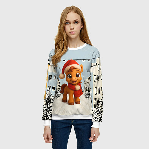 Женский свитшот Милая новогодняя лошадка с шарфом / 3D-Белый – фото 3