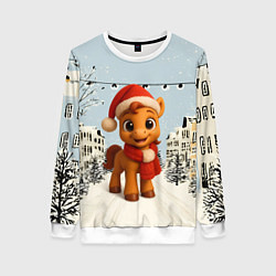 Свитшот женский Милая новогодняя лошадка с шарфом, цвет: 3D-белый