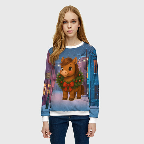 Женский свитшот Лошадка с новогоднем венком 2026 / 3D-Белый – фото 3