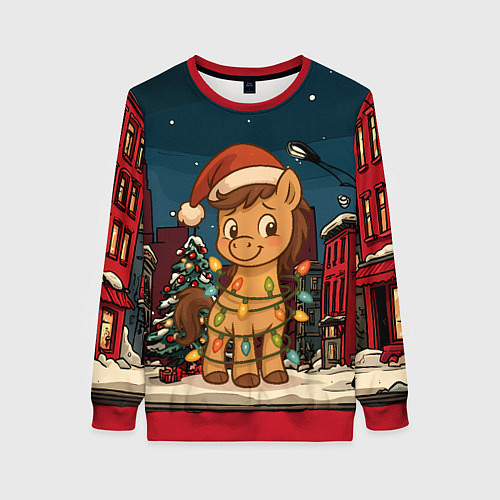 Женский свитшот Лошадка в новогодней гирлянде / 3D-Красный – фото 1