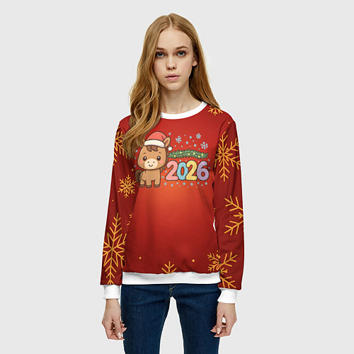 Женский свитшот Новогодняя лошадка 2026 на красном фоне / 3D-Белый – фото 3