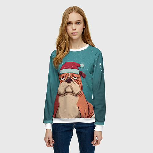 Женский свитшот Новогодний недовольный бульдог / 3D-Белый – фото 3
