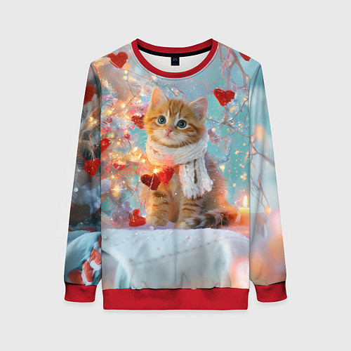 Женский свитшот Рыжий новогодний котенок с сердечком / 3D-Красный – фото 1