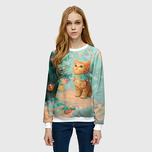 Женский свитшот Милый рыжий котенок любуется елкой / 3D-Белый – фото 3