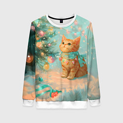 Свитшот женский Милый рыжий котенок любуется елкой, цвет: 3D-белый