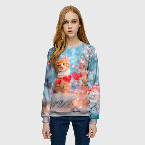 Женский свитшот Котенок и гирлянда из сердечек / 3D-Меланж – фото 3