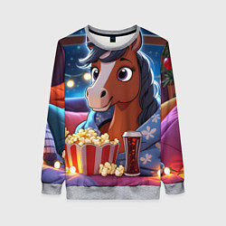 Свитшот женский Новогодняя лошадка с попкорном, цвет: 3D-меланж