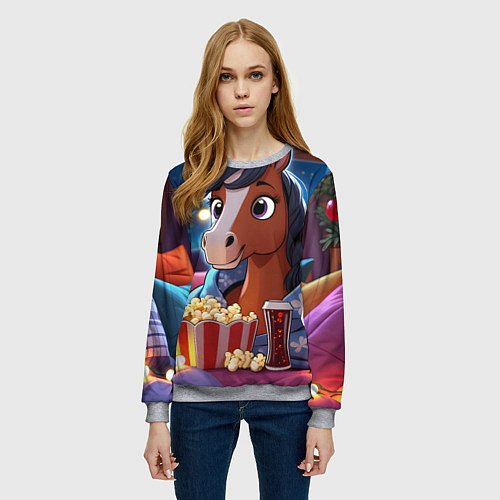 Женский свитшот Новогодняя лошадка с попкорном / 3D-Меланж – фото 3