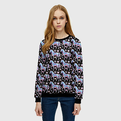 Женский свитшот Новогодние лошади y2k / 3D-Черный – фото 3